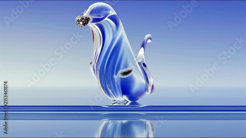 A translucent blue liquid shape morphs fluidly while resting on a reflective surface against a soft gradient background.