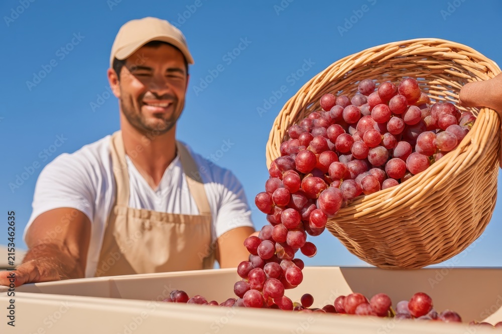 Obraz premium Red grapes poured from wicker basket into harvest container with smiling worker in background