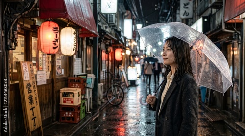 A woman holds a clear umbrella while walking down a narrow, wet alleyway lined with traditional Japanese storefronts and glowing lanterns at night.