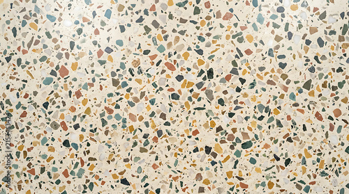 Close-up view of a terrazzo flooring surface showcasing multicolored aggregate chips in a smooth cement matrix with intricate