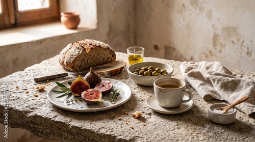 A rustic morning table arrangement features fresh figs, a loaf of artisan bread, green olives, coffee, and sea salt on a textured stone surface.