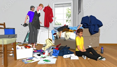 Three dimensional render of messy bedroom with scattered clothes