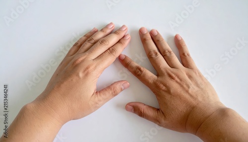 Two hands placed palms down on a white table