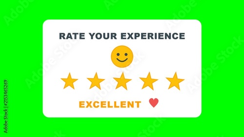 Rate your experience feedback card with five glowing golden stars and happy smiley face on green background