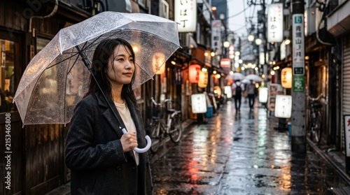 A woman holds a clear umbrella while walking down a narrow, wet alleyway lined with traditional Japanese storefronts and glowing lanterns at night.
