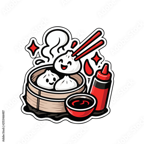 Fotografía Cute Steamed Dumplings in Bamboo Steamer with Chopsticks and Sauce Sticker