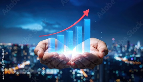 Glowing Upward Bar Graph Held In Open Hands Over Night City Skyline Symbolizing Growth And Data Analytics