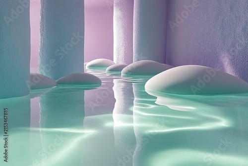 Modern Blue Glass Bathroom Interior with Water Texture, Soft Light, Medical Technology Design, Abstract Blur, and Contemporary Health-Inspired Pattern