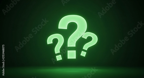 Glowing green question marks on dark background representing uncertainty and FAQ concepts.