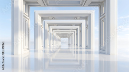Infinite White Geometric Corridor with Repeating Architectural Frames and Perspective.