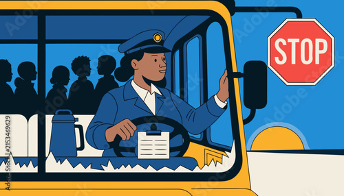 School Bus Driver Operating Vehicle at Dawn