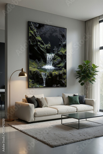 Artwork of a waterfall in a living room with soft lighting and plants