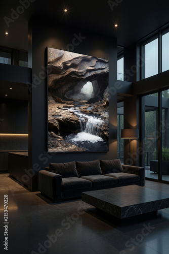 Modern living room with a large wall art of a cave and water stream