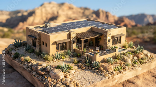 Modern desert home model with rooftop solar panels
