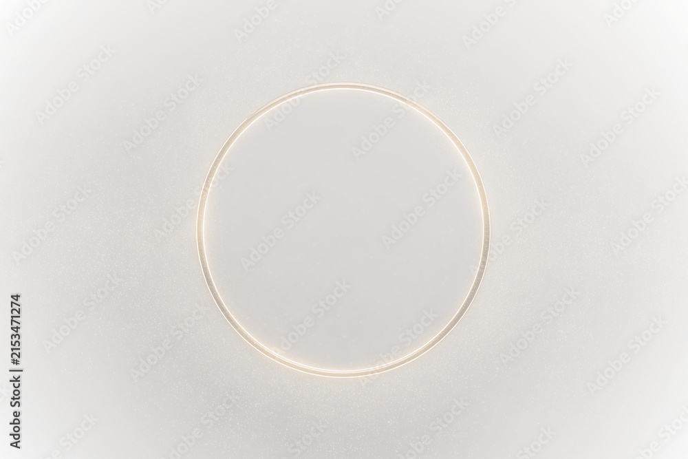 Fototapeta premium Gold circle frame with glittering stardust overlay. Thin metallic round border with light effect isolated on transparent background