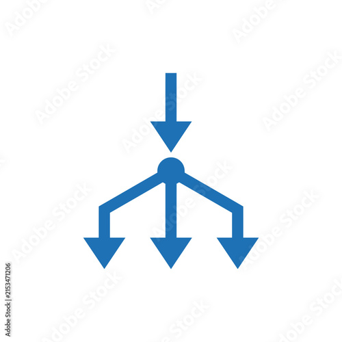 A blue graphic icon showing a single flow splitting into three
