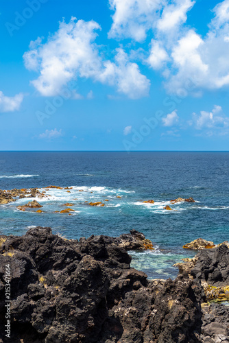 Obraz na płótnie Volcanic basalt rocks creating a rugged coastline along the Atlantic Ocean, with