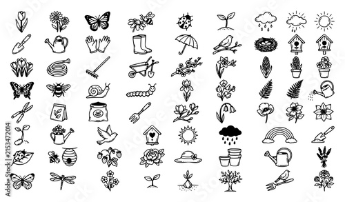 Hand Drawn Spring Season Icon Collection with Flowers Plants and Nature Vector Illustration