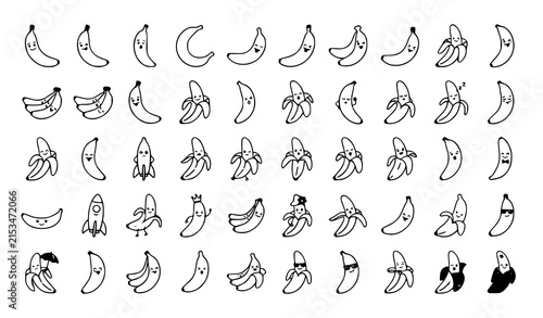 Cute Cartoon Banana Icon Collection with Whole Peeled and Sliced Fruit Vector Illustration