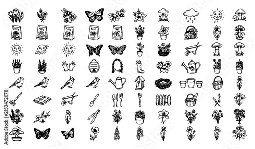 Hand Sketched Spring Lifestyle and Botanical Symbol Collection Monochrome Vector Illustration