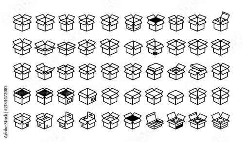 Minimal Open Box Symbol Collection with Packaging and Product Delivery Vector Illustration