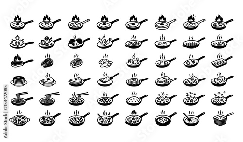 Hot Frying Pan with Cooking Flames and Food Monochrome Icon Collection Vector Illustration