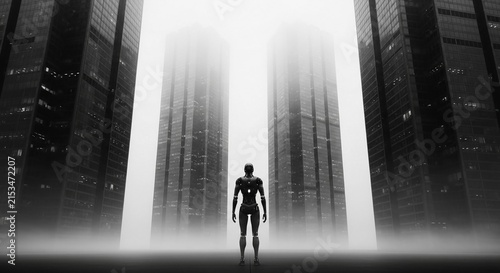 Humanoid robot stands silently amidst towering futuristic skyscrapers shrouded in mist.