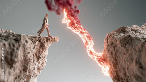 Woman Connecting Two Cliffs With Fiery Energy