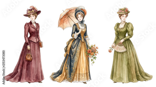 Victorian fashion illustration, historical elegance, vintage clothing, period costume design, 19th-century style, classic attire, retro fashion trends, antique dresses, cultural heritage