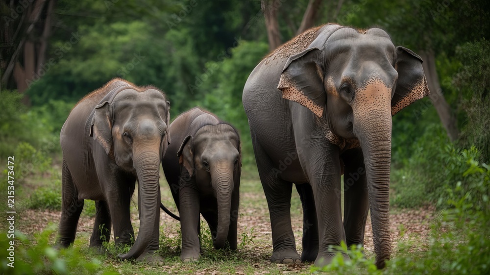 Fototapeta premium Family of asian elephants walking through a lush green forest with trees and vegetation in the background, during a daytime, in the wild habitat