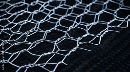 Close-up of intricately woven stainless steel wire mesh with a hexagonal pattern, showcasing industrial texture.