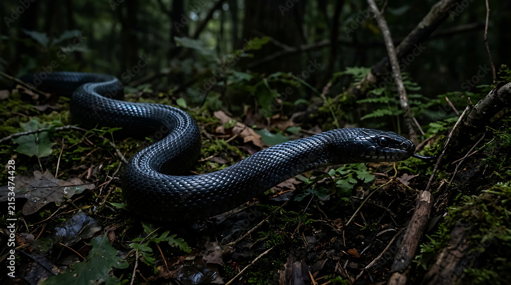 Obraz premium A sleek black snake navigates a dark, mossy forest floor, its scales catching the dim light.