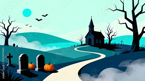 Happy Halloween Haunted Church Landscape with Red Moon, Pumpkins and Country Fields