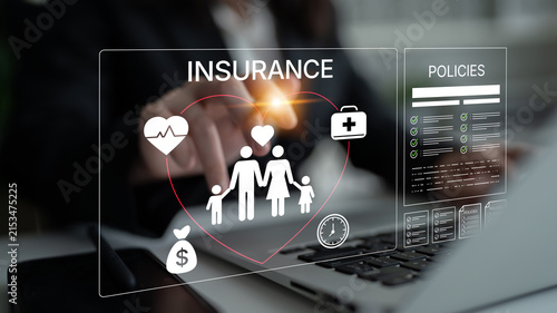 Canvas Print Digital insurance concept with family icons, heart symbols, and policy details on a modern laptop in a professional office environment