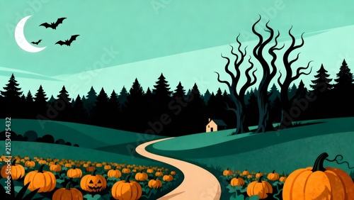 Spooky Halloween Pumpkin Field with Haunted Forest, Crescent Moon and Bats
