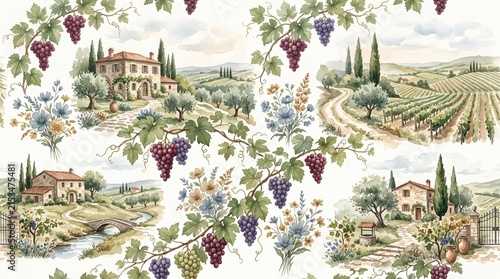 Seamless watercolor Tuscan vineyard pattern with grapes, Italian countryside villas, cypress trees and floral elements, romantic Mediterranean landscape design