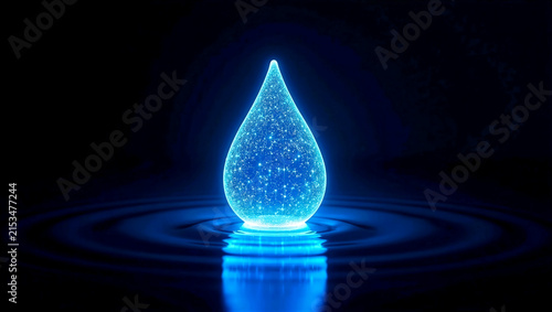 Glowing futuristic 3D blue water drop made of digital particles. Concept for data leak, pure clean energy, digital transformation, and cyber security on dark reflective background.

