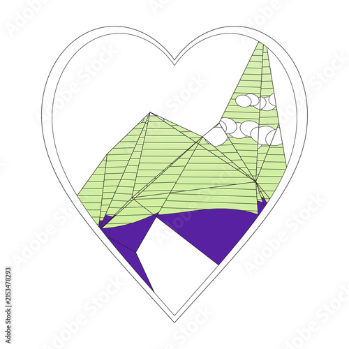 Fotografie Green mountain peaks inside a heart shape symbol isolated graphic design element