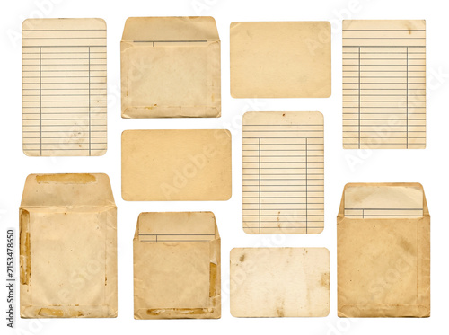 Aged library index cards and vintage envelope collection.