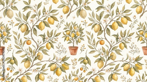Seamless watercolor lemon pattern with yellow citrus fruits, olive green leaves and botanical branches on white background, elegant Mediterranean summer design