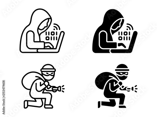 Hacker and thief icons set in line and solid vector format with security