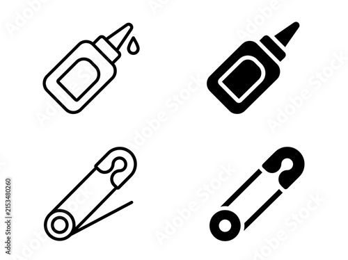 Glue bottle and safety pin vector icon set for web and mobile