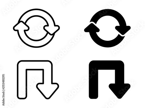 Directional cycle arrows and downward turn arrow icon set with direction