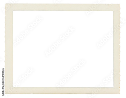 Old photo paper frame with scalloped edge isolated on transparent background. Scanned material for retro photo frames and templates	
