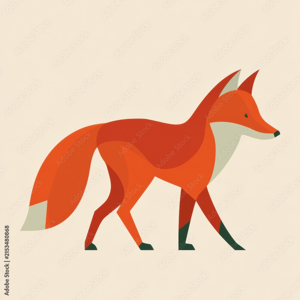 Naklejka premium A fox walks across a flat surface. The design uses bold shapes and a russet color palette. This artwork highlights simple animal forms.