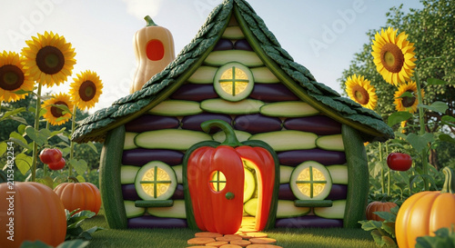 Whimsical vegetable cottage house made of peppers and squash in a sunny garden