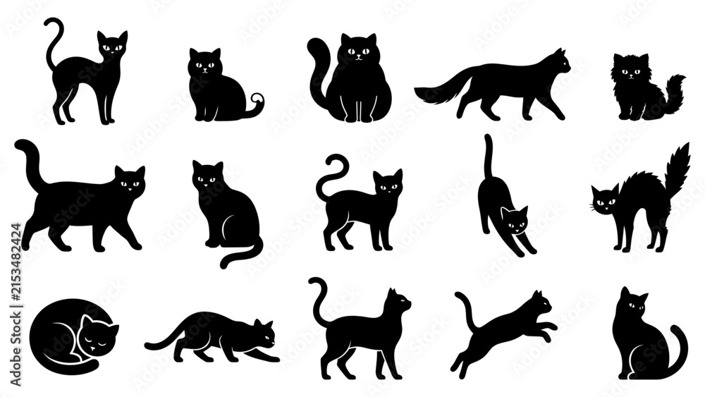 Obraz premium Set of black cat silhouettes in various poses including sitting standing walking and jumping isolated on white background