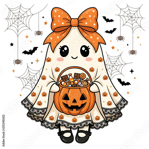 Cute ghost girl character holding jack o lantern trick or treat bucket