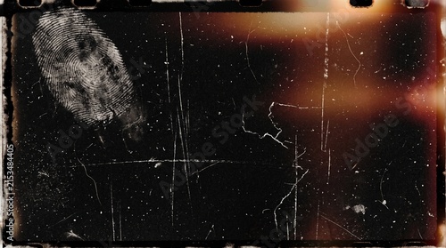Distressed old film frame with scratches, dust, and a prominent fingerprint, showing a vintage and grunge aesthetic.