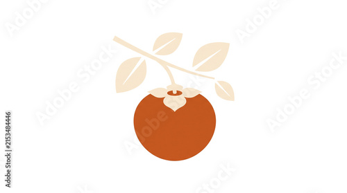 Ripe kaki fruit symbol with calyx and twig for Japanese autumn imagery and fruit farming materials